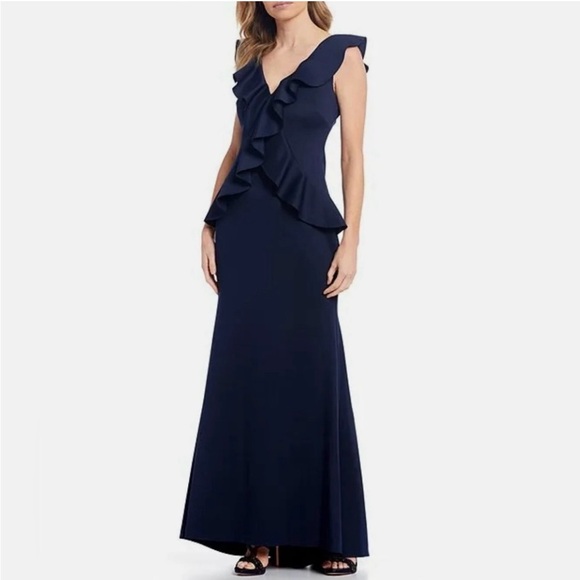 Jessica Howard Ruffled V Neck Navy 
Scuba Gown Size 4P - Picture 1 of 14